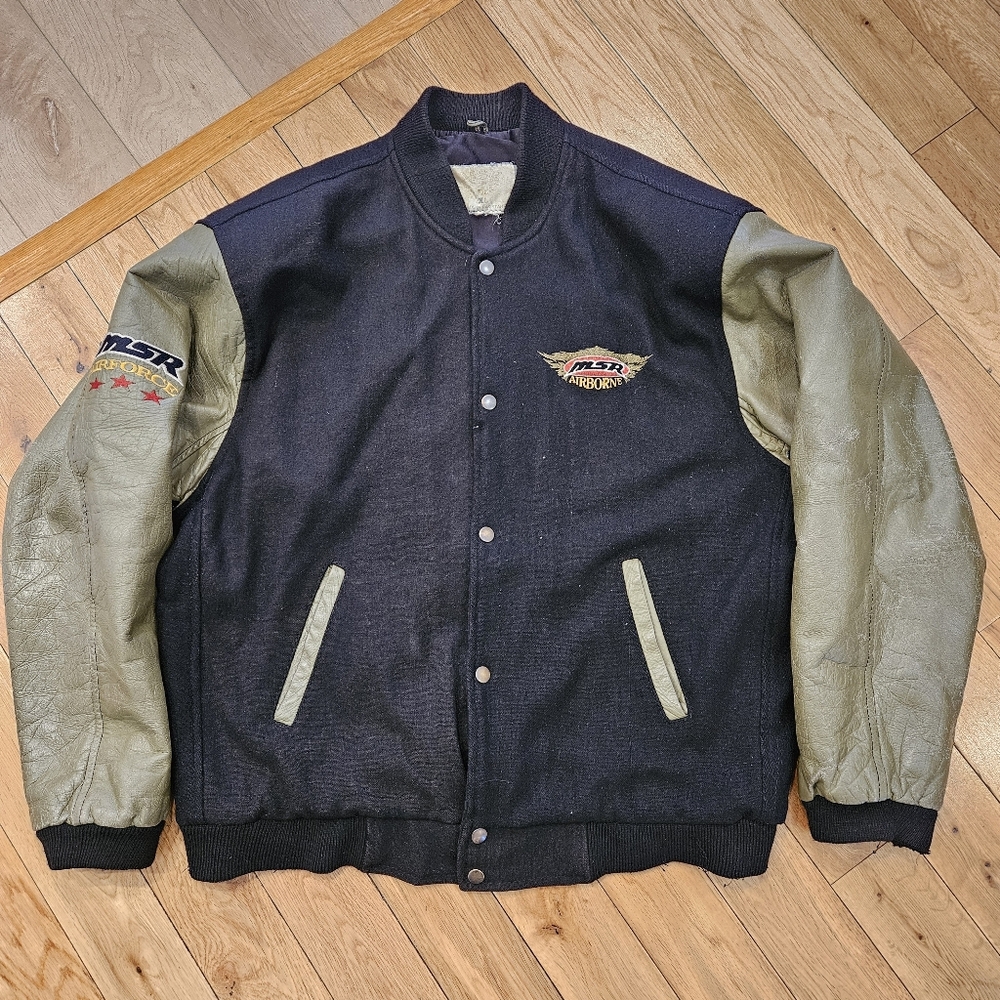 Vintage MSR Race Apparel Airborne Wool Leather Varsity Jacket Black Olive Sze XL
